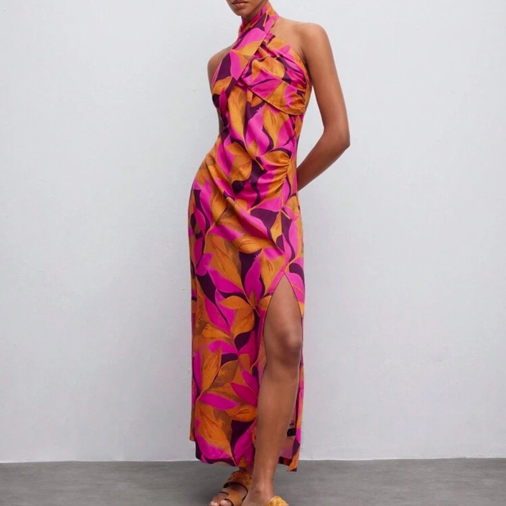 Plant Printed Crisscross Halter Dress